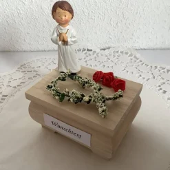 Geldgeschenk zur Kommunion oder Firmung für Junge mit Fisch auf Holz-Box als Geschenk mit Kreuz zum Geld verschenken