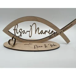 Geldgeschenk zur Kommunion aus Holz, Fisch mit Wunschname inkl. Gravur aus Holz, Konfirmation, Taufe, Jugendweihe, Namen