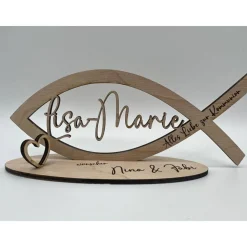 Geldgeschenk zur Kommunion aus Holz, Fisch mit Wunschname inkl. Gravur aus Holz, Konfirmation, Taufe, Jugendweihe, Namen
