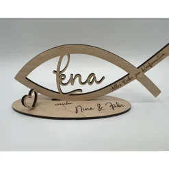 Geldgeschenk zur Kommunion aus Holz, Fisch mit Wunschname inkl. Gravur aus Holz, Konfirmation, Taufe, Jugendweihe, Namen