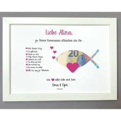 Geldgeschenk zur Konfirmation Kommunion, Konfirmationsgeschenk Mädchen, Kommunionsgeschenk Mädchen, Bilderrahmen Fisch