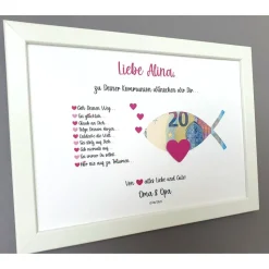Geldgeschenk zur Konfirmation Kommunion, Konfirmationsgeschenk Mädchen, Kommunionsgeschenk Mädchen, Bilderrahmen Fisch