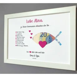 Geldgeschenk zur Konfirmation Kommunion, Konfirmationsgeschenk Mädchen, Kommunionsgeschenk Mädchen, Bilderrahmen Fisch