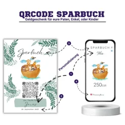 Geldgeschenk zur Taufe | Personalisiert | Digitale Spardose | QrCode Taufkarte | Arche Noah