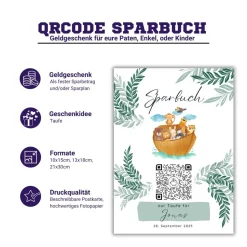 Geldgeschenk zur Taufe | Personalisiert | Digitale Spardose | QrCode Taufkarte | Arche Noah