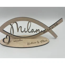 Geldgeschenk zur Taufe aus Holz – Fisch mit Wunschname & Gravur | Geschenkidee Kommunion, Konfirmation, Jugendweihe