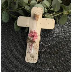 Geldgeschenk zur Taufe Taufgeschenk Kreuz Spruch Holz Lasergravur Trockenblumen Erinnerungstück Geschenkidee