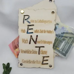 Geldgeschenkkarte zur Rente aus Holz Grußkarte Gutscheinkarte Holz Karte Ruhestand