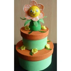 Geldgeschenkverpackung zweistöckige Torte mit Tontopffigur Blume - orange-grün