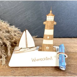 Geldscheinhalter Leuchtturm, Segelboot, Ostsee, Geldgeschenk, Geburtstag, Geschenk, Wunschtext, Personalisierbar