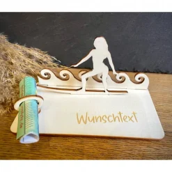 Geldscheinhalter Surfen, Surferin, Wasser, Urlaub, Geldgeschenk, Geburtstag, Geschenk, Wunschtext, Personalisierbar