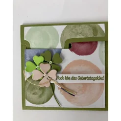 Geldumschlag Briefumschlag Glückwunschkarte Geburtstag mit Perlen und Kleeblättern Handgefertigt Stampin'up