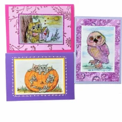 gemütliche Herbstkarten mit Halloween Katzen und Eule Druck meiner handgemalten Aquarelle Set Kürbis Grußkarte Kartenset