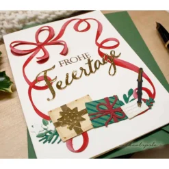 gemütliche Weihnachtsgrüße mit roter Schleife, handgemacht