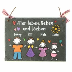 Geschenk Einzug Umzug Geburtstag Hochzeit, Türschild aus Schiefer für Familien personalisiert mit Namen und Figuren, individuell, wetterfest, einzigartig, dekorativ, exklusiv