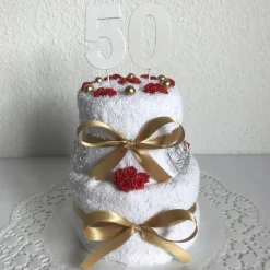 Geschenk für die Goldene Hochzeit und Geldgeschenk zum 50. Geburtstag für die Frau und den Mann mit Zahl Handtuchtorte