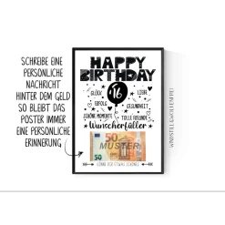 Geschenk für Sohn | Tochter | zum 16.Geburtstag | Geldgeschenk | Poster Sechzehn Deko