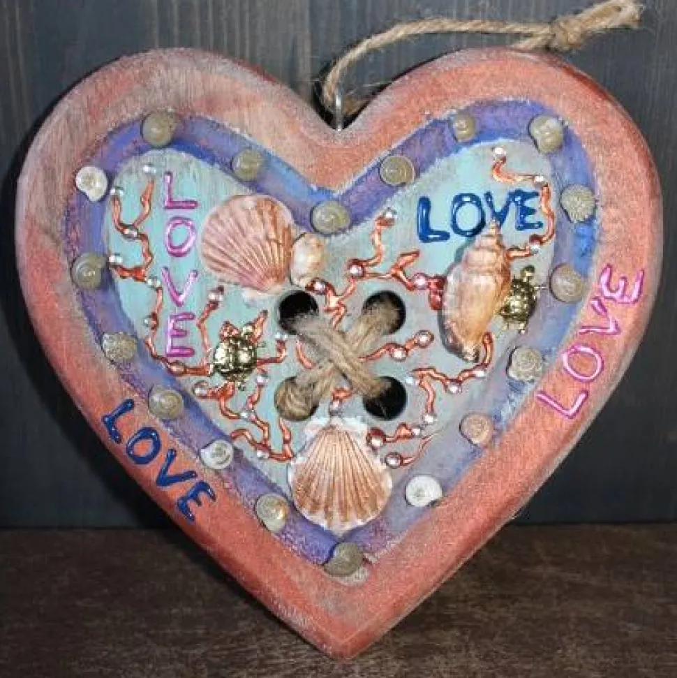 Geschenk Valentinstag LOVE abstrakt maritim gestaltetes Herz aus Holz mit Acrylfarbe im Shabby-Stil bemalt