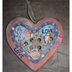 Geschenk Valentinstag LOVE abstrakt maritim gestaltetes Herz aus Holz mit Acrylfarbe im Shabby-Stil bemalt