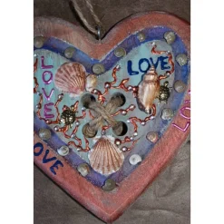 Geschenk Valentinstag LOVE abstrakt maritim gestaltetes Herz aus Holz mit Acrylfarbe im Shabby-Stil bemalt