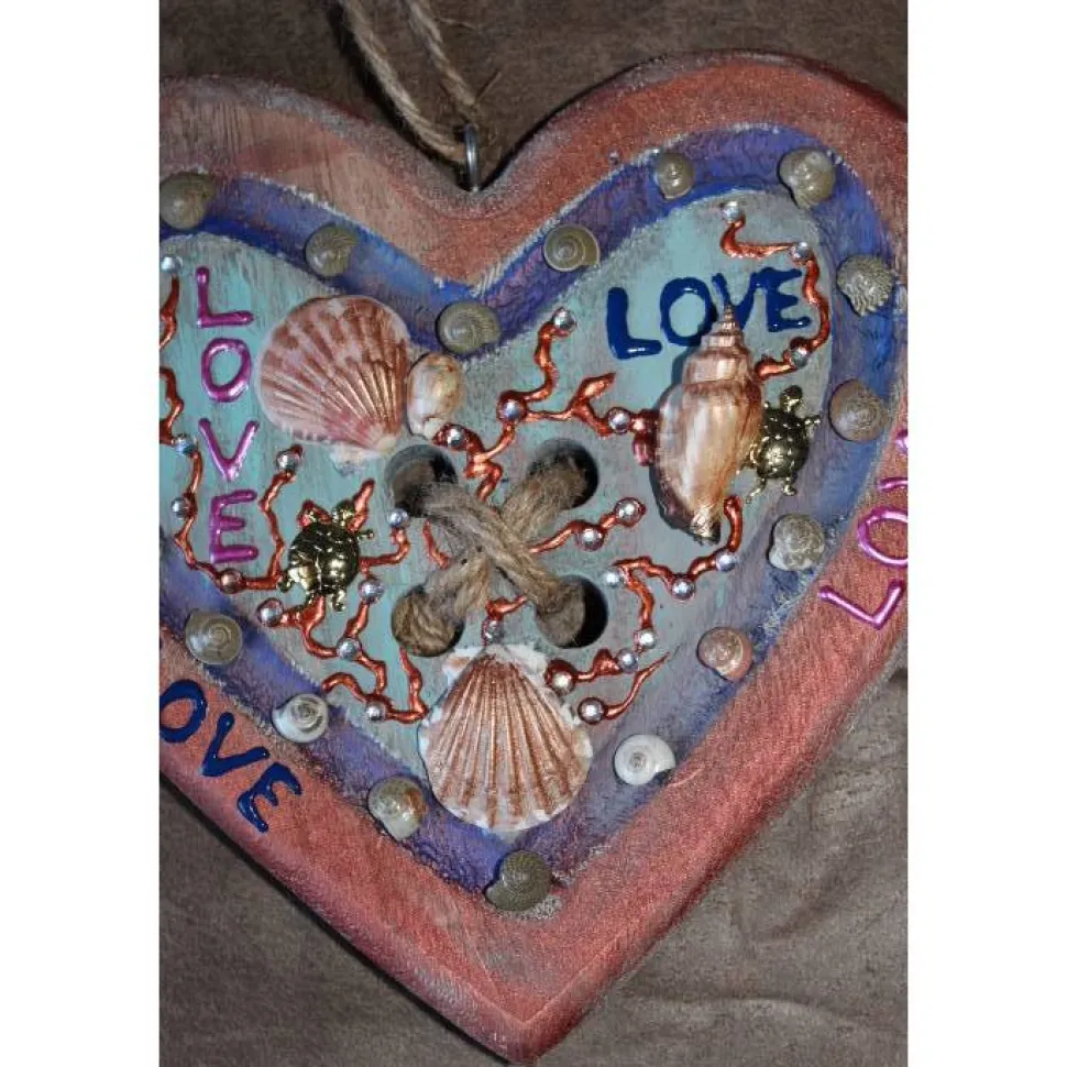 Geschenk Valentinstag LOVE abstrakt maritim gestaltetes Herz aus Holz mit Acrylfarbe im Shabby-Stil bemalt