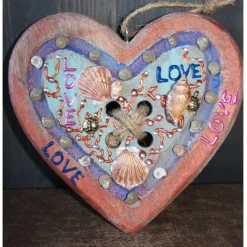 Geschenk Valentinstag LOVE abstrakt maritim gestaltetes Herz aus Holz mit Acrylfarbe im Shabby-Stil bemalt
