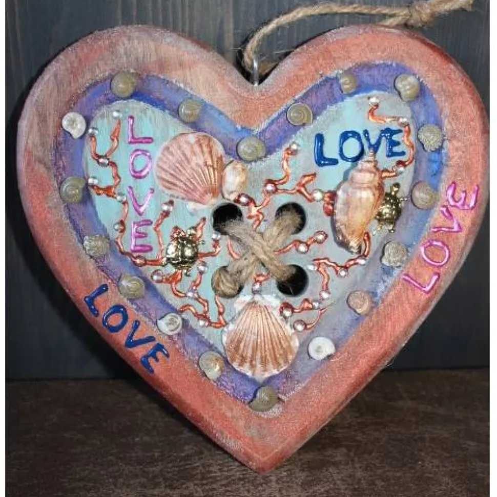 Geschenk Valentinstag LOVE abstrakt maritim gestaltetes Herz aus Holz mit Acrylfarbe im Shabby-Stil bemalt