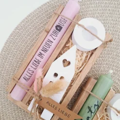 Geschenk zum Einzug | Kerzenset mit Haus/Lichthaus & Kerzenhalter rund | Einweihung, Umzug, Richtfest