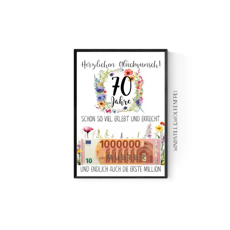 Geschenk zum 70.Geburtstag | Geldgeschenk | Poster| Siebzig | Siebzigster | Blumen