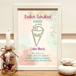 Geschenk zur Einschulung für Mädchen – Personalisiertes Geldgeschenk im Bilderrahmen mit Schultüte