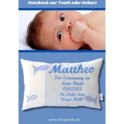 Geschenk zur Taufe oder Geburt Namenskissen personalisiertes Kissen für Jungen und Mädchen Kommuniongeschenk