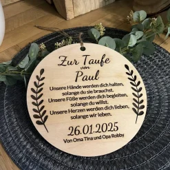 Geschenk zur Taufe Taufgeschenk Schild Dekoschild Holz zum aufhängen individuell personalisierbar Lasergravur Erinnerung