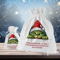 Geschenkbeutel mit Wunschtext Weihnachten Motiv grüne Katze
