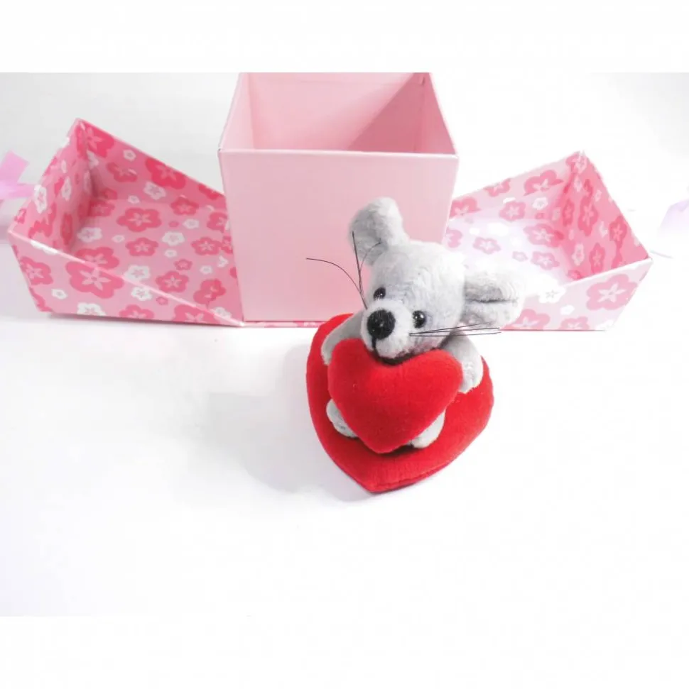 Geschenkbox Valentinstag Muttertag mit Plüschmaus auf Herz – Rosa Pop Up Box 10x10x10 cm