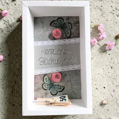 Geschenkbox Vintage – Verpackung für Geldgeschenk mit Papierrosen, Herzlichen Glückwunsch