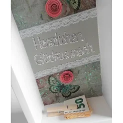 Geschenkbox Vintage – Verpackung für Geldgeschenk mit Papierrosen, Herzlichen Glückwunsch