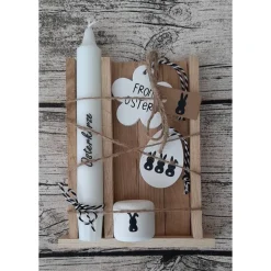 Geschenkbox zu Ostern "Osterkerze" ~ Stabkerze mit Kerzenhalter in Holzbox aus Eiche ~ Raysin Deko Hase