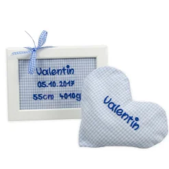 Geschenkeset  Türschild blau Rosa Grün Lila mit Namen - Personalisiertes Geschenk mit Rapskissen Herz und Bilderrahmen f