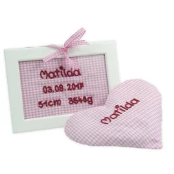 Geschenkeset  Türschild blau Rosa Grün Lila mit Namen - Personalisiertes Geschenk mit Rapskissen Herz und Bilderrahmen f