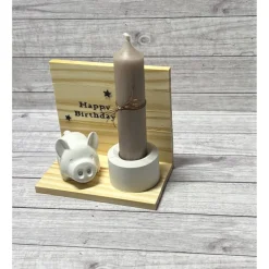 Geschenkidee zum Geburtstag „Happy Birthday“ Kerzenhalter Kerze Schweinchen Glücksschwein Schwein Raysin Holz Geschenk