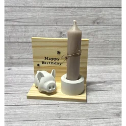 Geschenkidee zum Geburtstag „Happy Birthday“ Kerzenhalter Kerze Schweinchen Glücksschwein Schwein Raysin Holz Geschenk