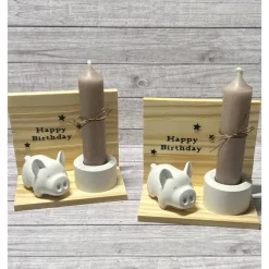 Geschenkidee zum Geburtstag „Happy Birthday“ Kerzenhalter Kerze Schweinchen Glücksschwein Schwein Raysin Holz Geschenk