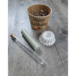 Geschenk-Set / Happy Birthday / im Becher / Kerzenhalter / Kerze / Reagenzglas / Smileyperlen