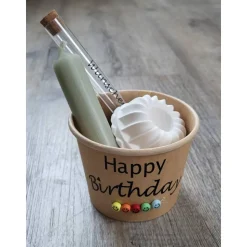 Geschenk-Set / Happy Birthday / im Becher / Kerzenhalter / Kerze / Reagenzglas / Smileyperlen