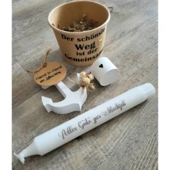 Geschenk-Set /  im Becher / Hochzeit / Kerze / Alles Gute / Hand in Hand ein Leben lang /Weiß