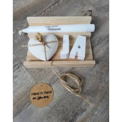 GeschenkSet *  JA * Herz * Holzverpackung * Kerzenhalter * Kerze * Hand in Hand ein Leben lang * Trockenblumen