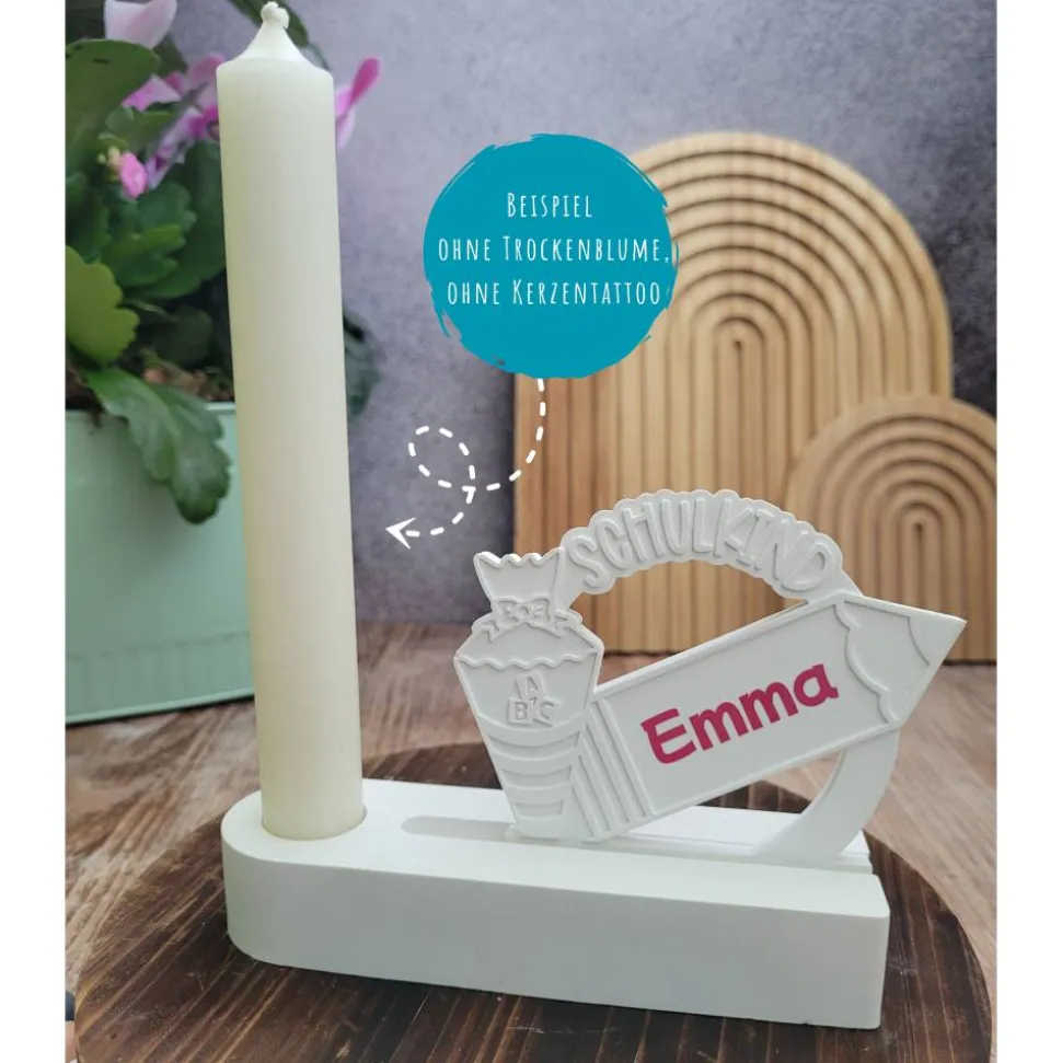 Geschenkset 1. Schultag, Einschieber mit Kerzenhalter, personalisiert & Wunschkerze in verschiedenen Farben, Schulanfang