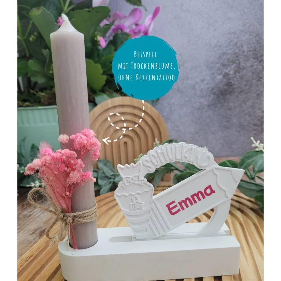 Geschenkset 1. Schultag, Einschieber mit Kerzenhalter, personalisiert & Wunschkerze in verschiedenen Farben, Schulanfang