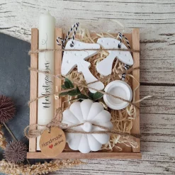 Geschenkset "Herbstzauber" in einer Holzbox ~ Stabkerze mit Kerzenständer ~ Deko Kürbis ~ Pilze