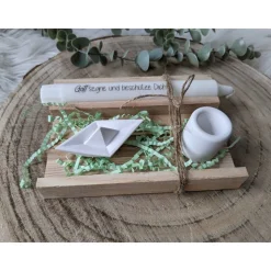 Geschenkset Kommunion, Kommunionkerze, Geschenk, Kerze mit Kerzenständer, Kerze und Fische/Schiffchen, Raysin